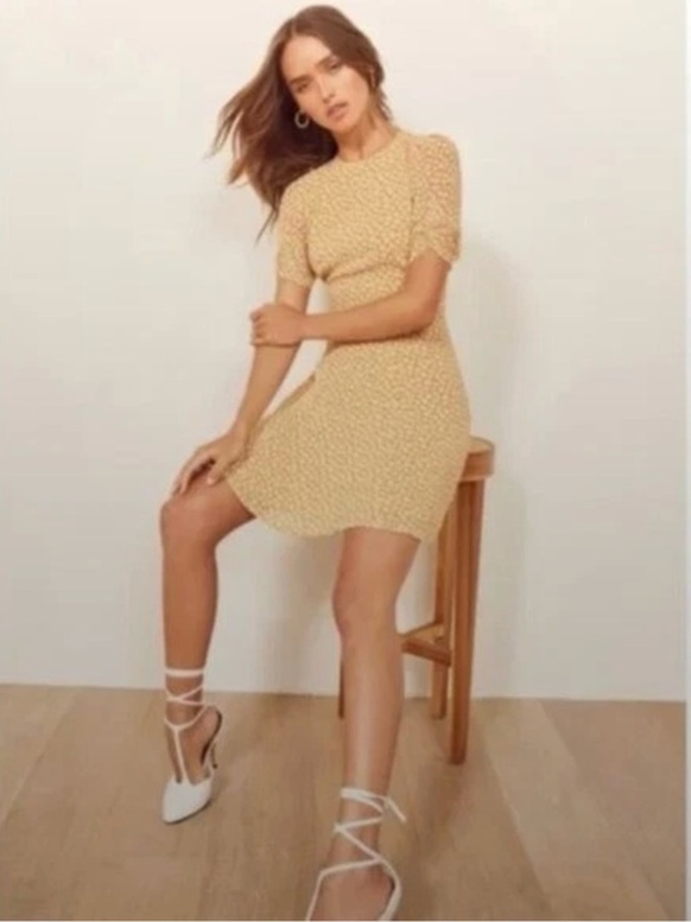 Reformation Gracie Short Sleeve Floral Print Crepe Mini Dress In Peru Yellow 12 - Picture 4 of 15